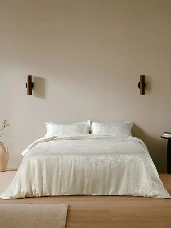 Set Biancheria Seta Jacquard Giglio Ivory 100% Gelso Naturale Bianco Naturale