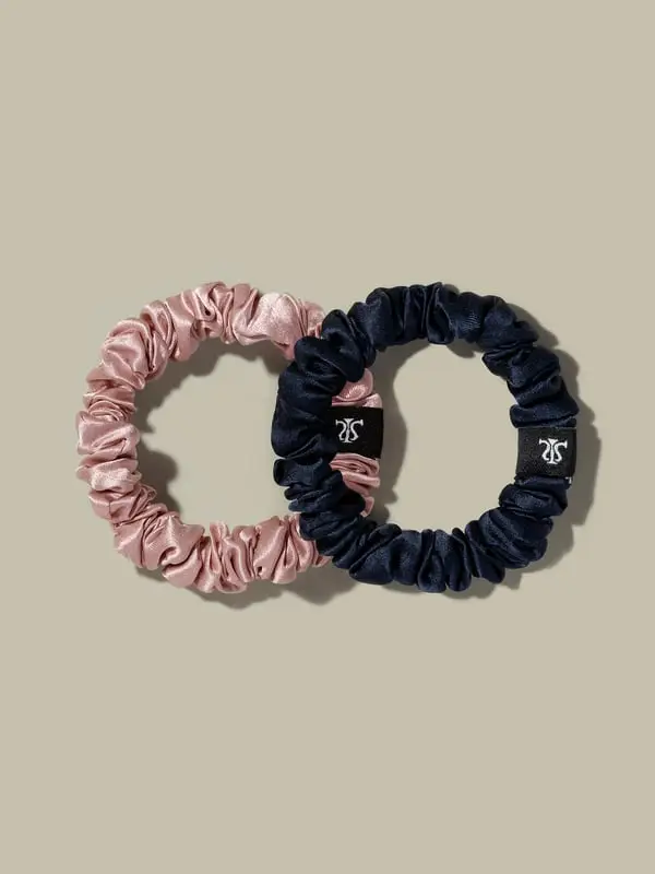 Set Classico Di Elastici In Seta Blu Navy + Rosa Rosato Morbido E Resistente 100% Pura Seta 100% Pura Seta