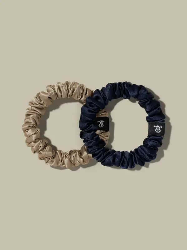 Set Classico Di Elastici In Seta Blu Navy+Tortora Morbido E Resistente 100% Seta Naturale 100% Seta Naturale