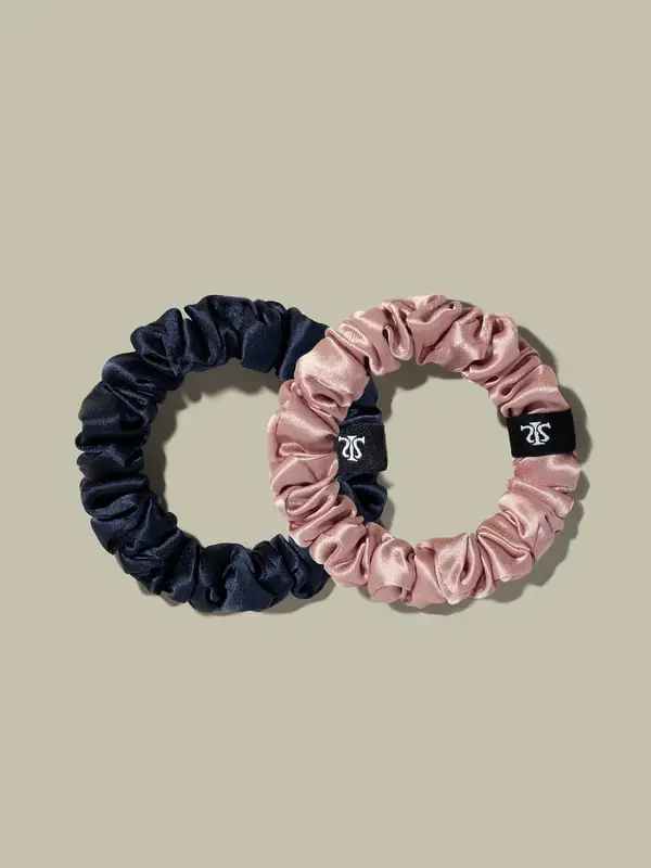 Set Elastici In Seta Classici Minnie Blu Navy + Rosa Rosato 100% Pura Seta Accessorio Base Ed Essenziale Per Diversi Stili Di Capelli