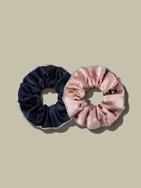 Set Elastici In Seta Con Strass Blu Navy + Rosa Rosato 100% Pura Seta Per Tutti I Tipi E Lunghezze Di Capelli