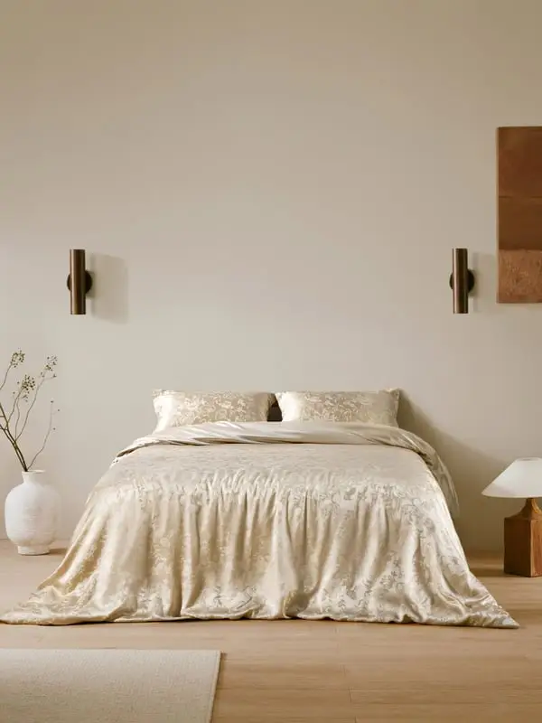 Set Lenzuola Seta Jacquard Giglio Oro Ghiaia 100% Seta di Gelso Oro di ghiaia