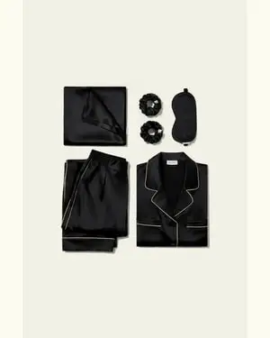 Set Regalo Di Sonno In Seta Di Lusso - Pigiama In Seta Lussuoso, Cuscino E Accessori. Nero