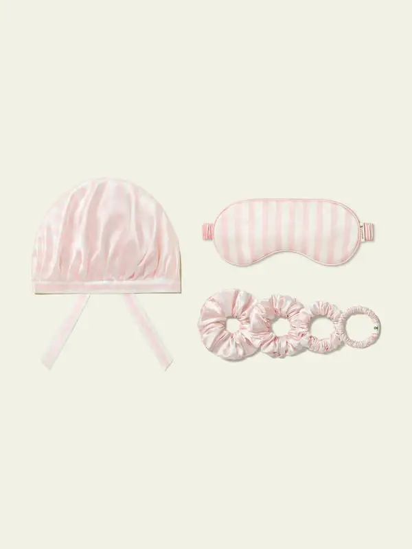 Set San Valentino in Seta 19 Momme Donna Accessori Notte Rosa Pallido Rosa Pallido & Righe Bianche