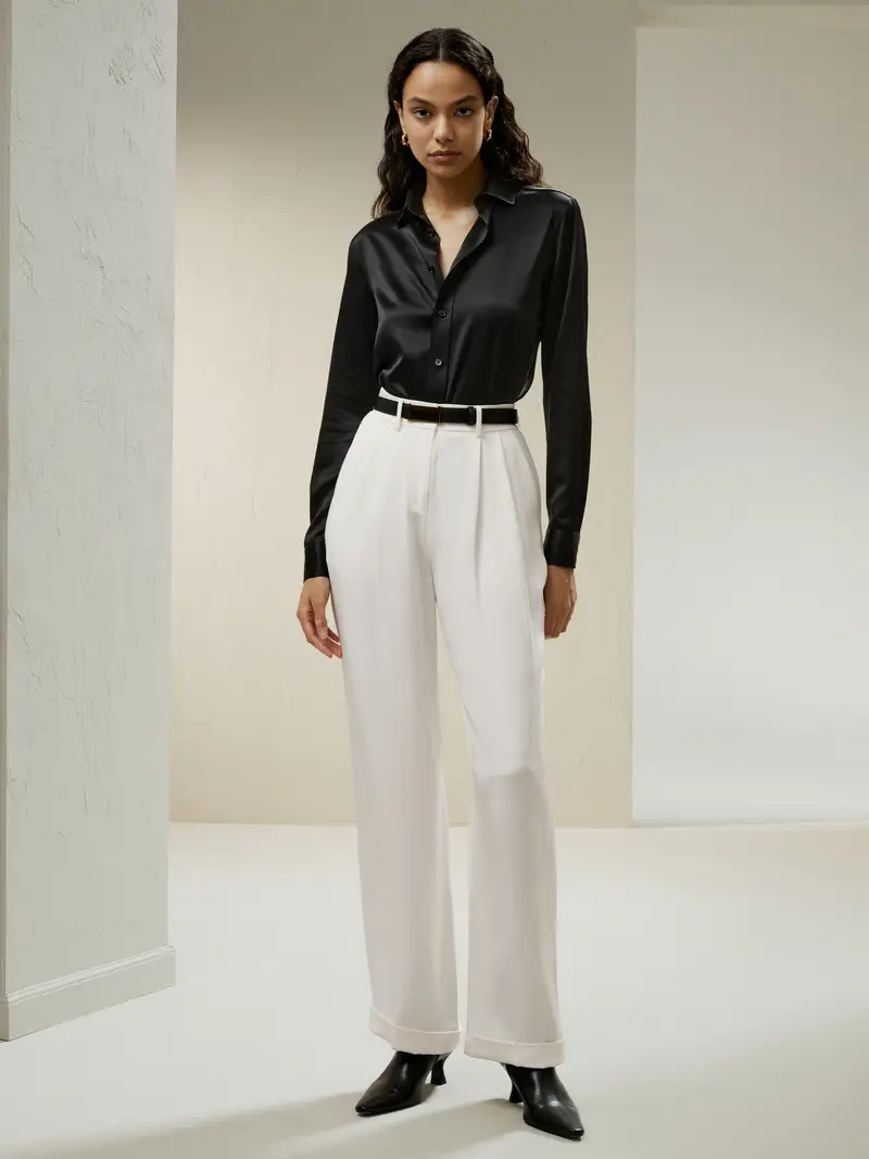 Seta Bluse Eleganti Nero Collo Di Camicia Di Base 100% Pura Seta Può Essere Indossato In Vari Modi