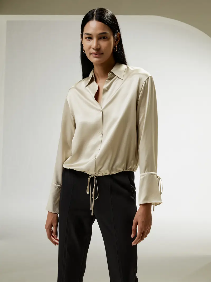 Seta Bluse Eleganti Talpa Increspature Sull'Orlo E Sulle Maniche 100% Pura Seta Può Essere Indossato In Vari Modi