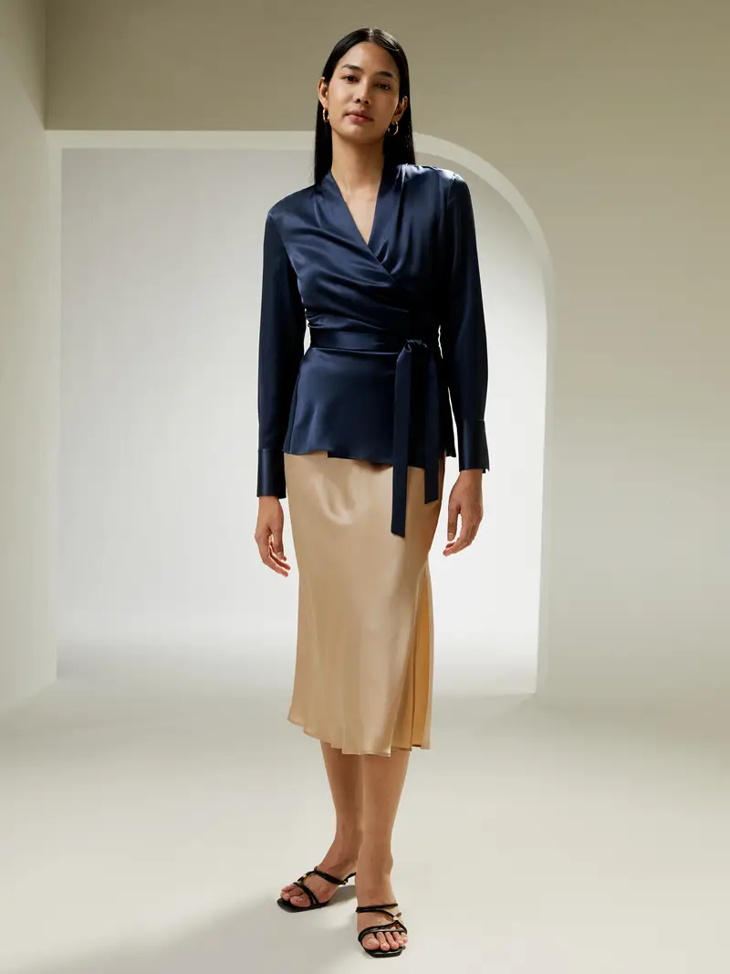 Seta Camicie Donne Eleganti Blu-Marino Cintura Incorporata In Vita 100% Pura Seta Confortevole E Amichevole Per Le Persone Allergiche