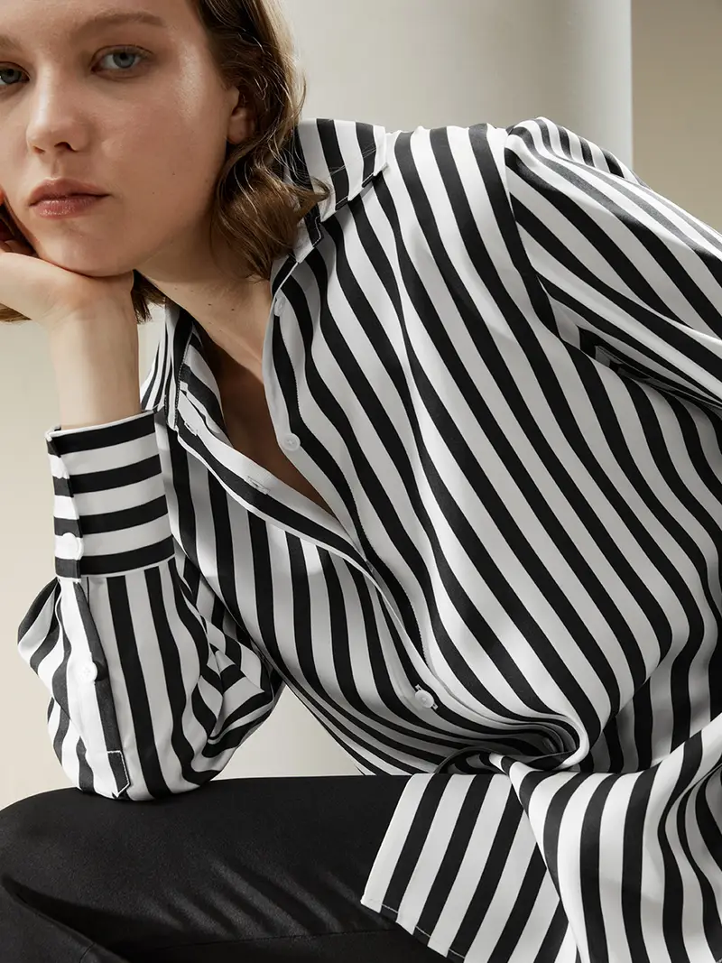 Seta Camicie Donne Eleganti Gessato Nero-Bianco Striscia Classica In Grassetto 100% Pura Seta Buon Valore, Rispettoso Della Pelle