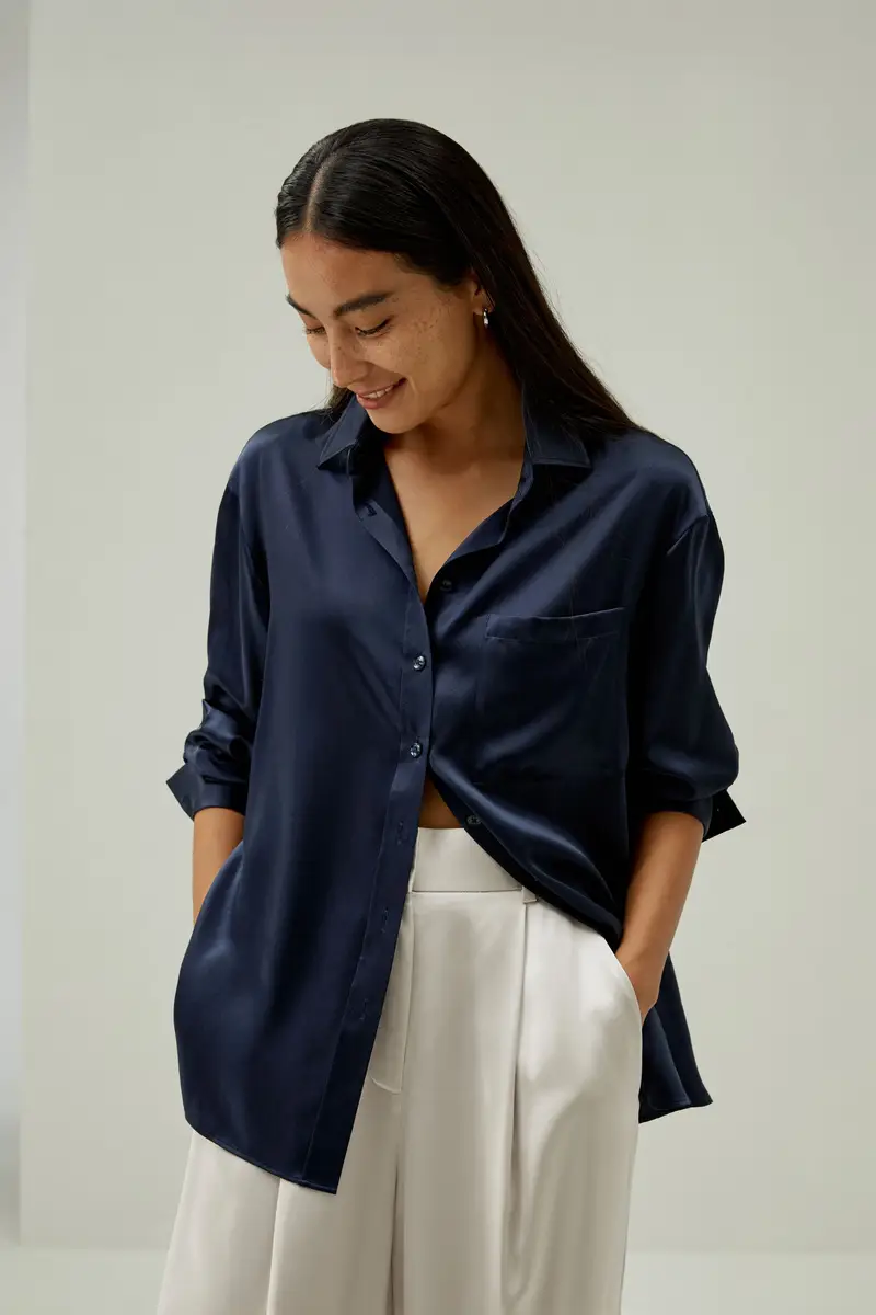 Seta Camicie Donne Eleganti Maniche Lungheseta Di Alta Qualità Seta Di Alta Qualità Vestibilità Comoda Blu-Marino