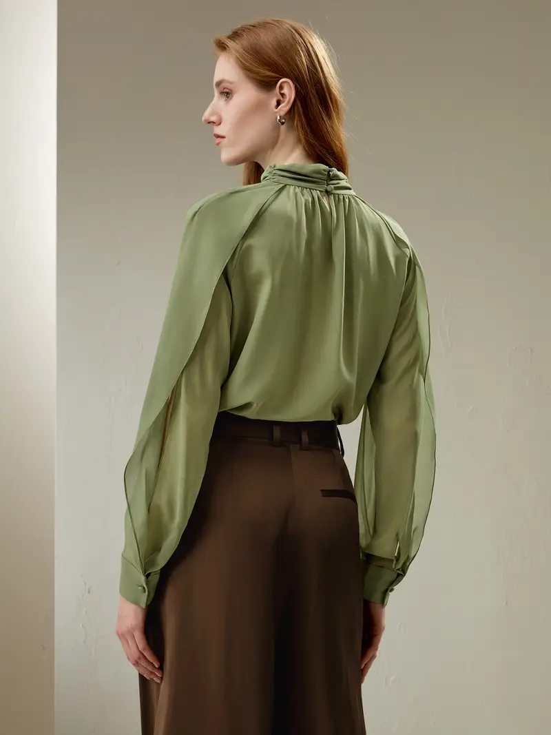 Seta Camicie Donne Eleganti Pistacchio Maniche Con Spacco Laterale 100% Seta Naturale Un Tocco Di Eleganza Nella Vostra Vita