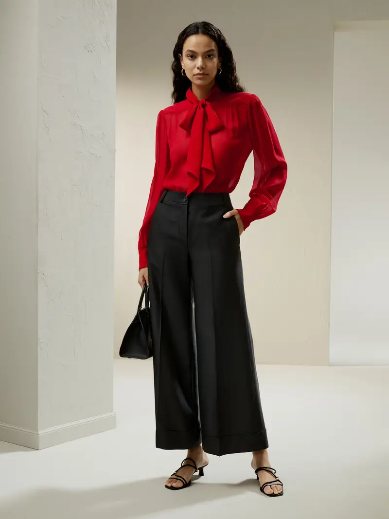 Seta Camicie Donne Eleganti Rosso Papillon, Maniche Lunghe 100% Seta Naturale Rispettoso Della Pelle E Traspirante