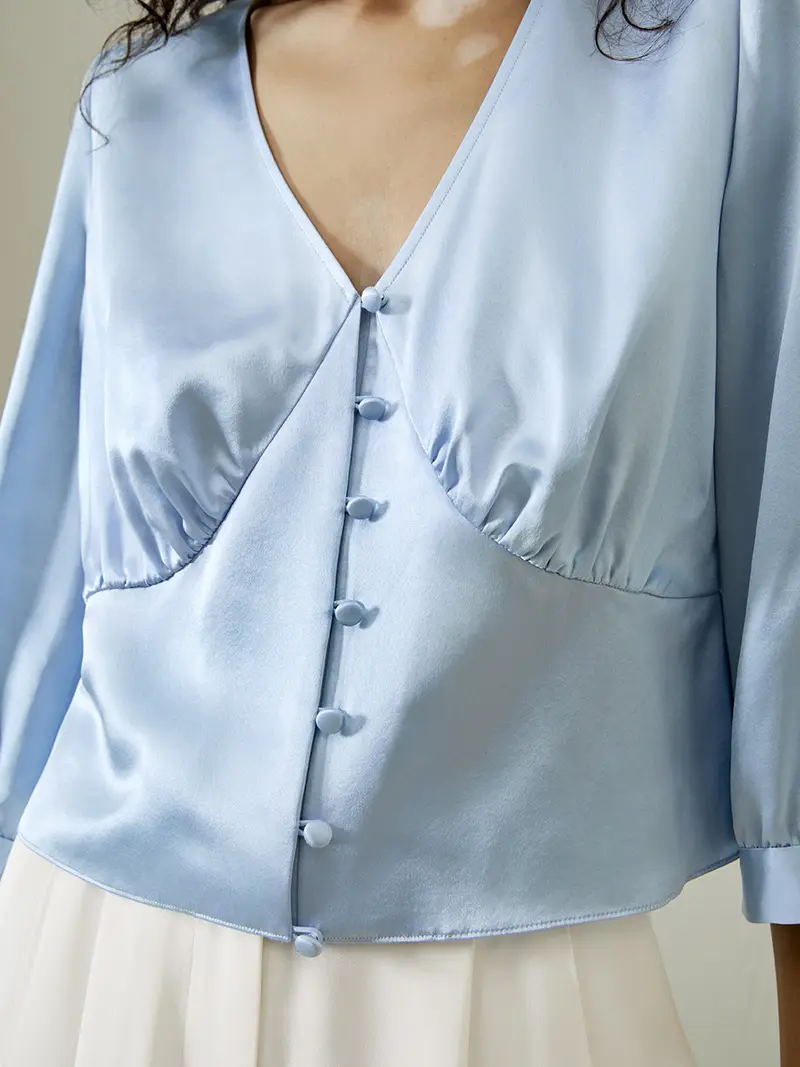 Seta Camicie Donne Scollatura A Cuore Taglio Corto 100% Pura Seta Di Gelso Un'Eleganza Classica Sky Blue