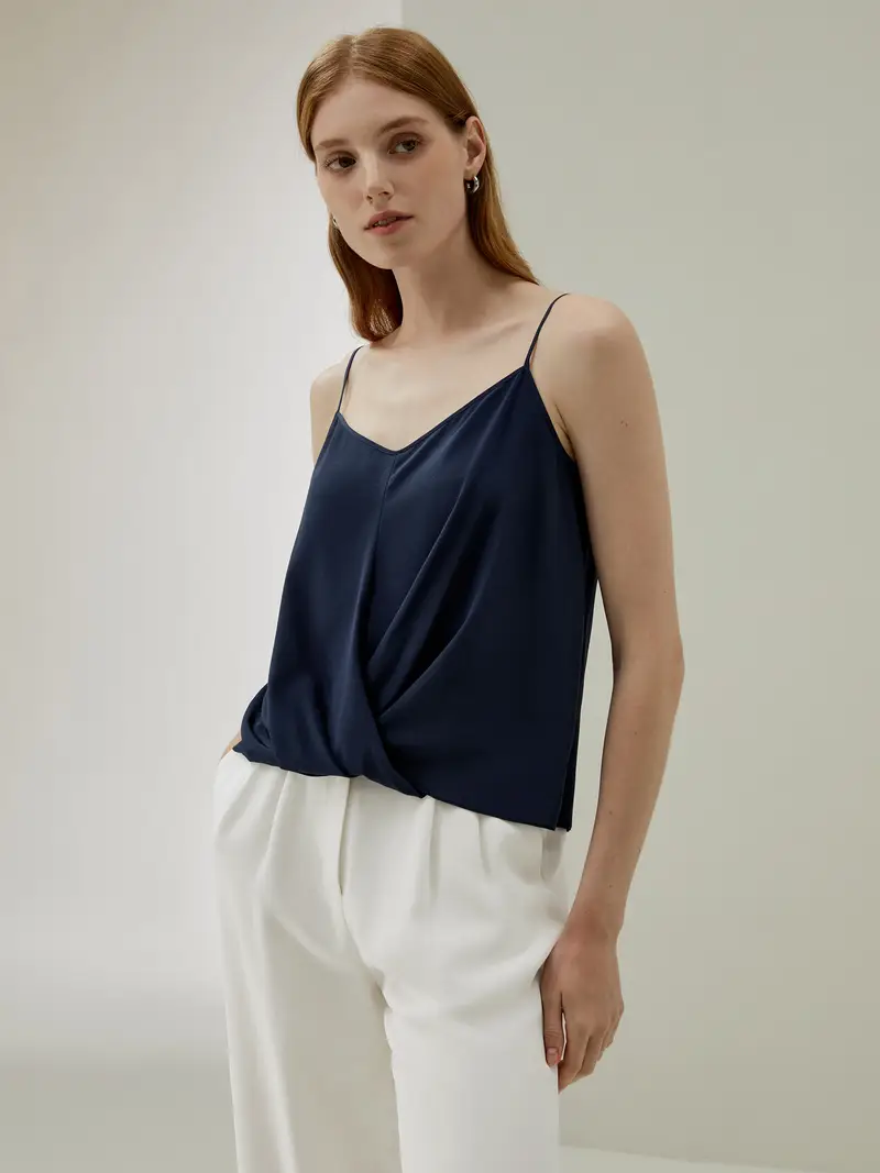 Sottogiacca Donna Seta Spalline Sottilicrêpe De Chine Di Seta Crêpe De Chine Di Seta Adatta Da Formale A Casual Facile Da Curare Blu-Marino