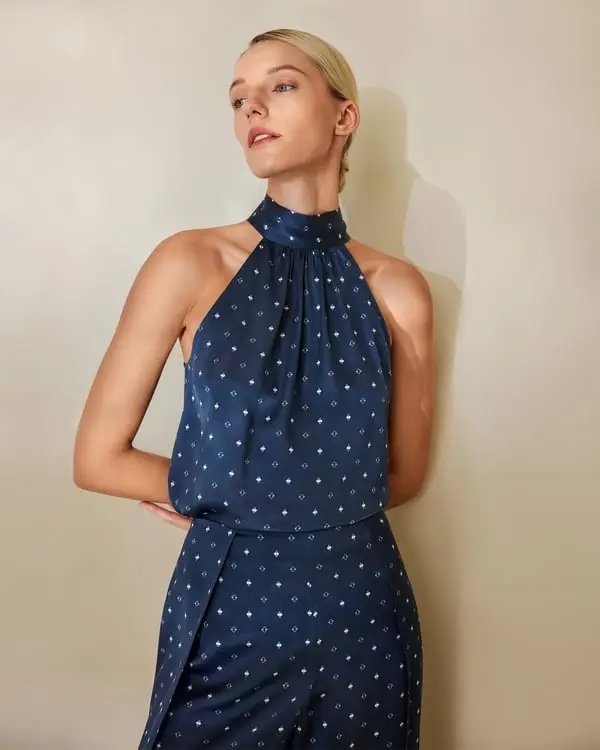 T Shirt Seta Camicia In Pino Di Seta Con Scollo All'Americana 100% Pura Seta Elegante Diamanti bianchi in blu