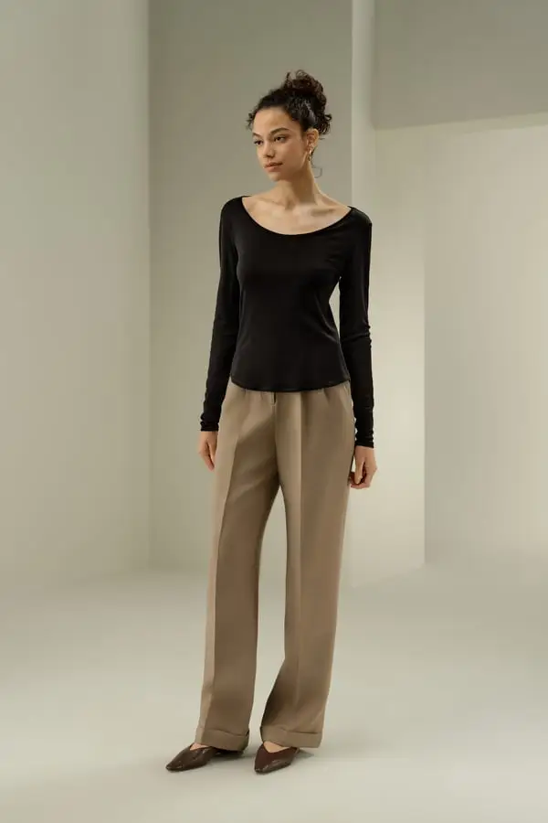 Top Di Seta A Maniche Lunghe Femmina Collo A Scialle Largo Silk Jersey Super Morbido Imballaggio Ecologico Nero