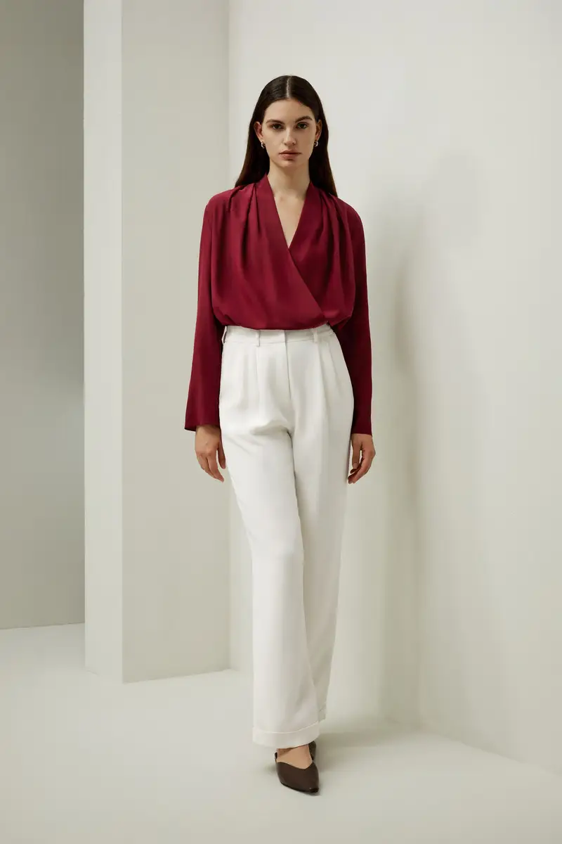 Top Di Seta A Maniche Lunghe Vestibilità Comodapura Seta Pura Seta Adatto A Molteplici Occasioni Rosso Ciliegia