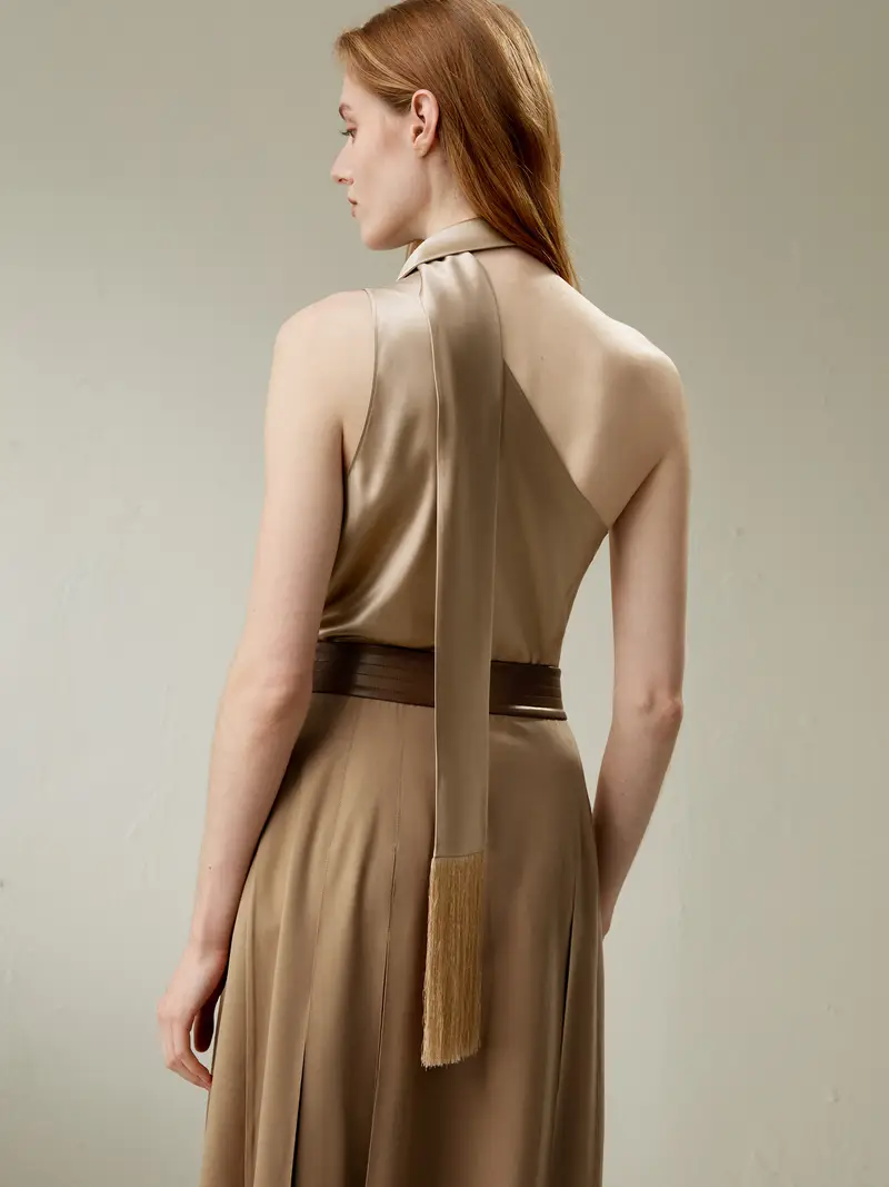 Top Di Seta Bronzo Cinturini Con Nappe Intorno Al Collo 100% Pura Seta Leggeri E Resistenti Alle Rughe