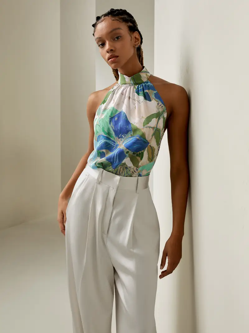 Top Di Seta Eleganti Motivo Floreale Flirty Keyhole Sul Retro, Vestibilità Regolare 100% Seta Pura Privo Di Sostanze Chimiche Nocive