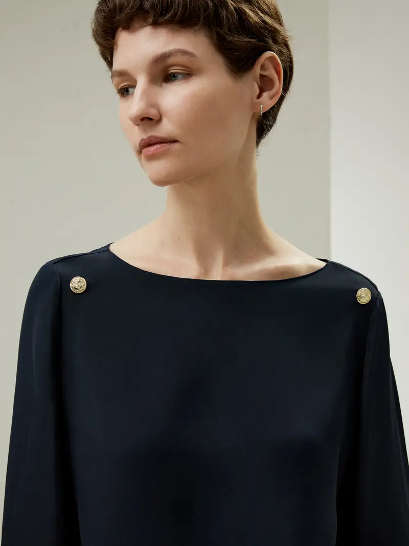 Top Di Seta Eleganti Stile Navy Leggera Seta 100% Gelso Un'Atmosfera Classica Blu Navy