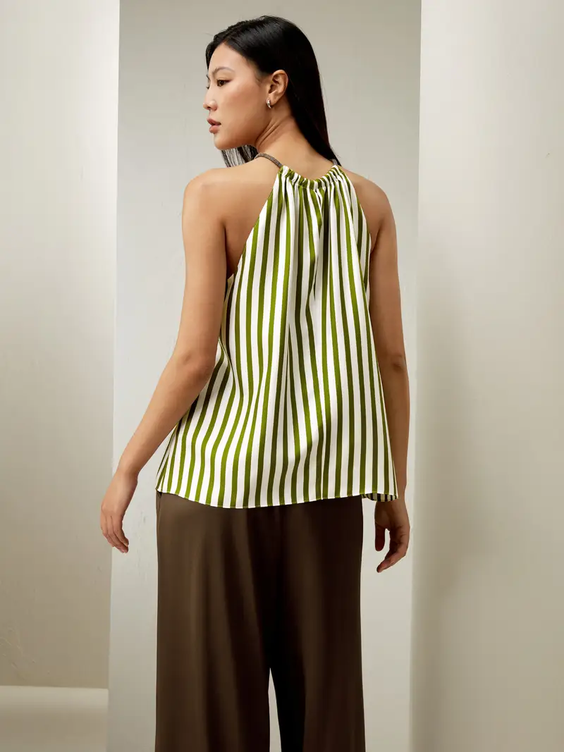 Top Di Seta Gessato Verde-Bianco Top Dolcevita Senza Maniche 100% Pura Seta Leggero E Resistente Alle Pieghe