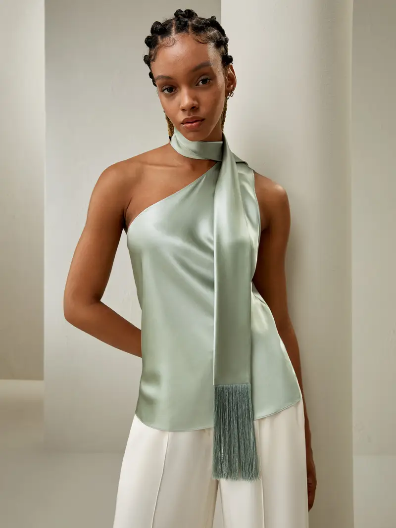 Top Di Seta Verde Acqua Stile Individuale Ed Eleganza Moderna 100% Seta Naturale Leggeri E Resistenti Alle Rughe