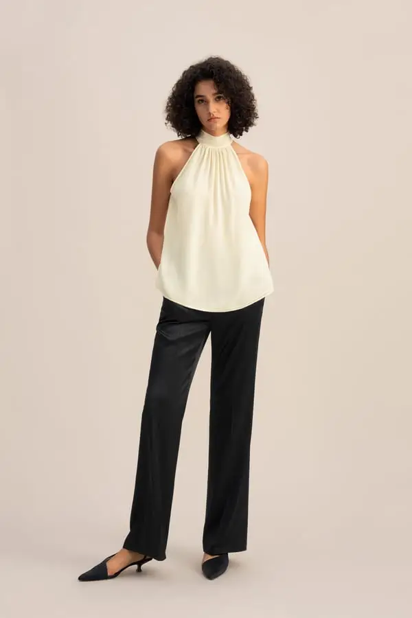 Top In Georgette Di Seta 10 Momme Georgette Leggera Scollo All'Americana Vestibilità Morbida Giglio Bianco