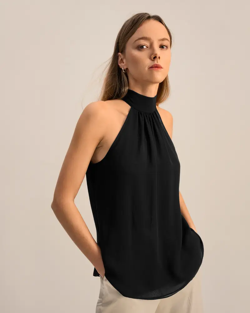 Top In Georgette Di Seta 10 Momme Georgette Leggera Scollo All'Americana Vestibilità Morbida Nero