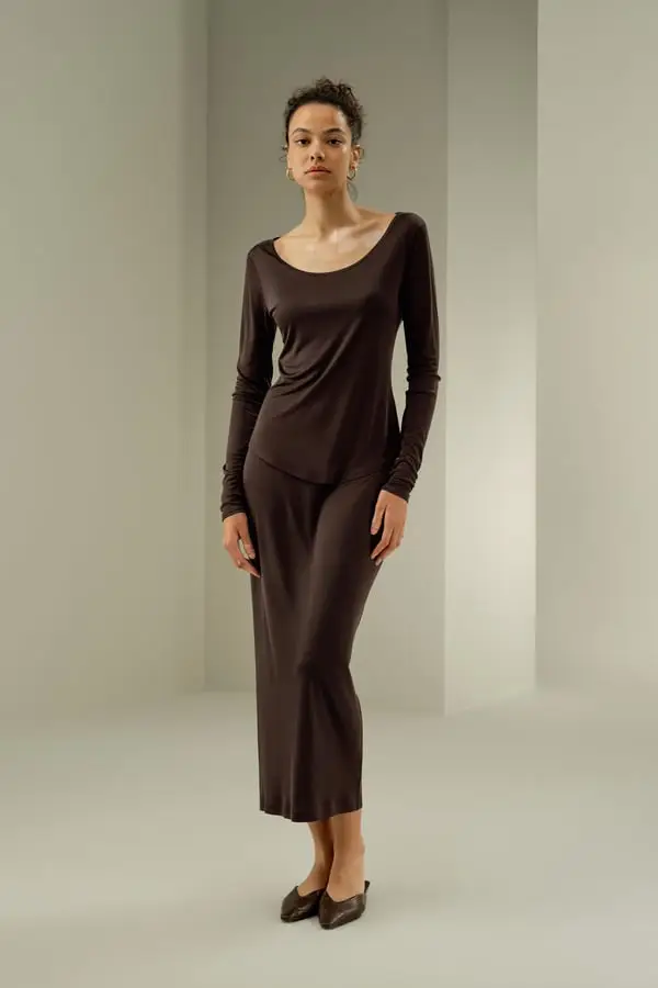 Top In Seta A Maniche Lunghe Femmina Jersey Di Seta Temperatura Regolabile Traspirante, Ipoallergenico Cacao