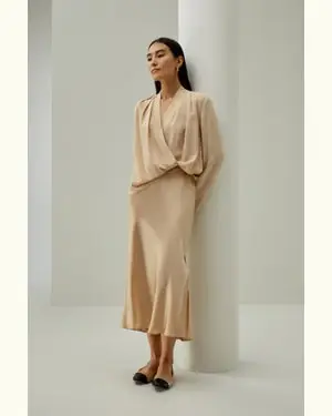 Top In Seta A Maniche Lunghe Leggera Ma Resistente100% Seta 100% Seta Scollatura A V Profonda Oro Pallido