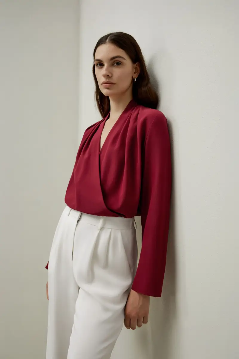 Top In Seta A Maniche Lunghe Leggera Ma Resistenteseta Di Gelso Seta Di Gelso Scollatura A V Profonda Rosso Ciliegia