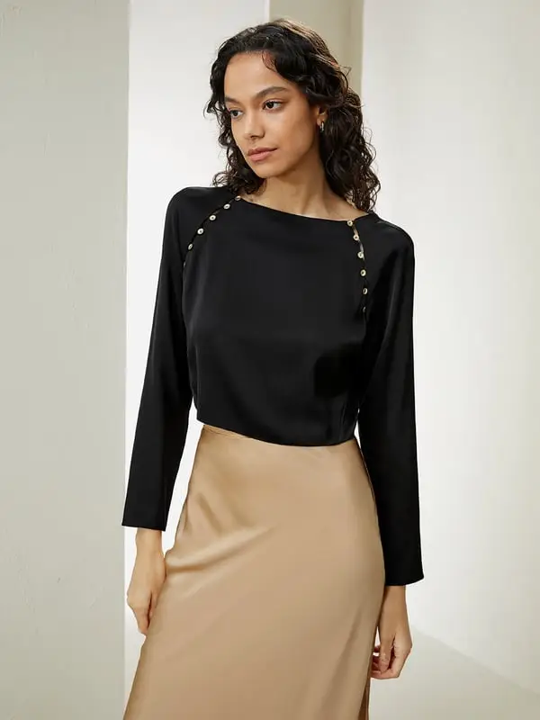 Top In Seta Design Arrotolato Doppio Joe Di Seta Adatto A Molteplici Occasioni Nero