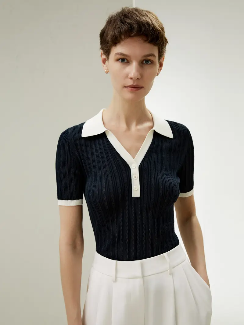 Top In Seta Eleganti Blu-Marino Colletto Polo Button-Down, Forma Aderente Seta Naturale Incredibilmente Morbido E Confortevole Al Tatto