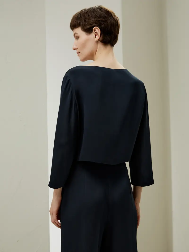 Top In Seta Eleganti Camicia Pullover Corta Crêpe De Chine Di Seta Morbida Blu Navy