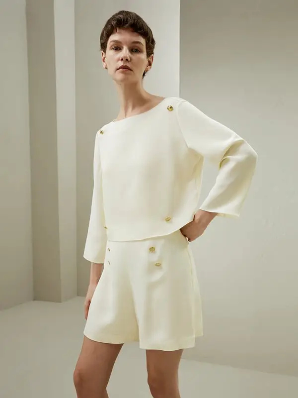 Top In Seta Eleganti Maniche A 3/4 E Bottoni Crêpe De Chine Di Seta Morbida Bianco Bianco Naturale