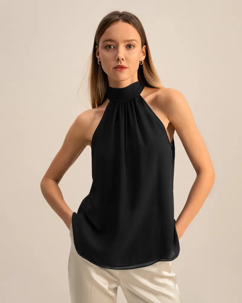 Top In Seta Eleganti Nero Collo All'Americana, Vestibilità Morbida 100% Seta Naturale Privo Di Sostanze Chimiche Nocive
