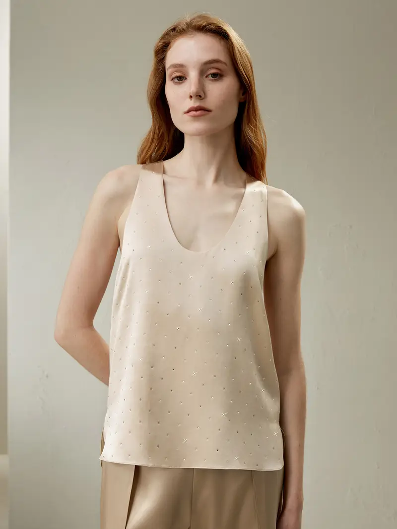 Top In Seta Eleganti Oro Di Ghiaia Scollo A U, 100% Seta Naturale Incredibilmente Morbido E Confortevole Al Tatto