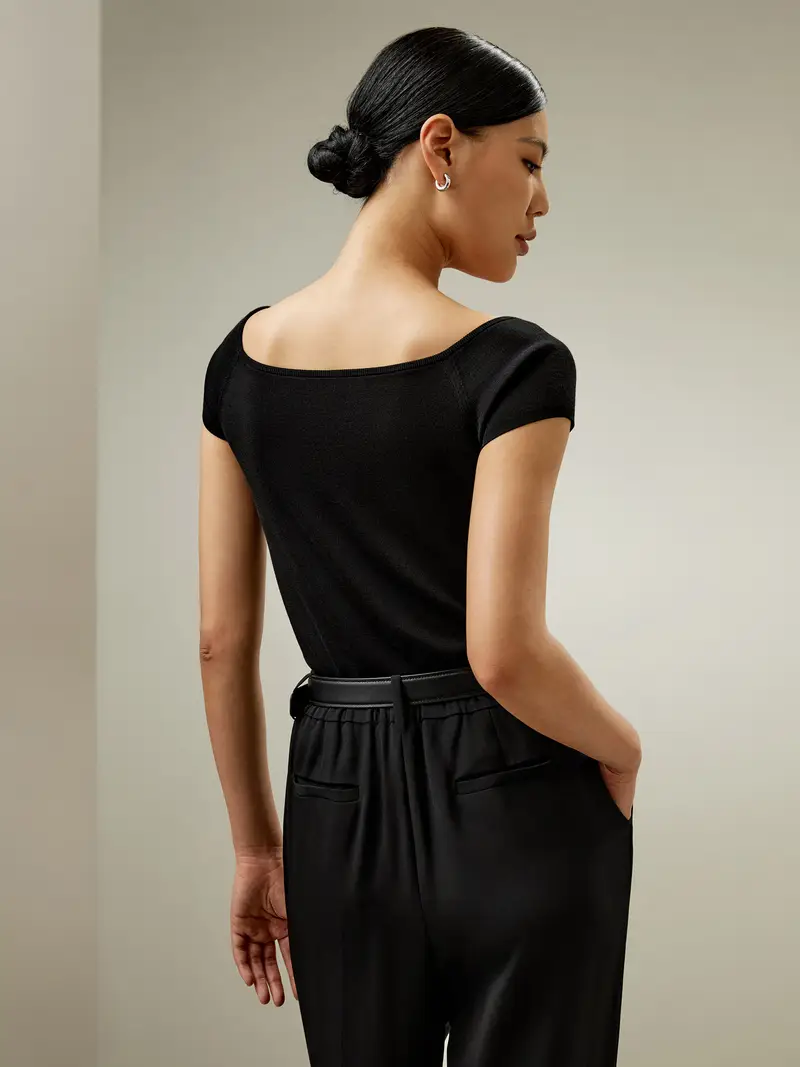 Top In Seta Eleganti Scollatura Arrotondatamostra Clavicola100% Seta 100% Seta Lavabile Trattiene L'Umidità Nero