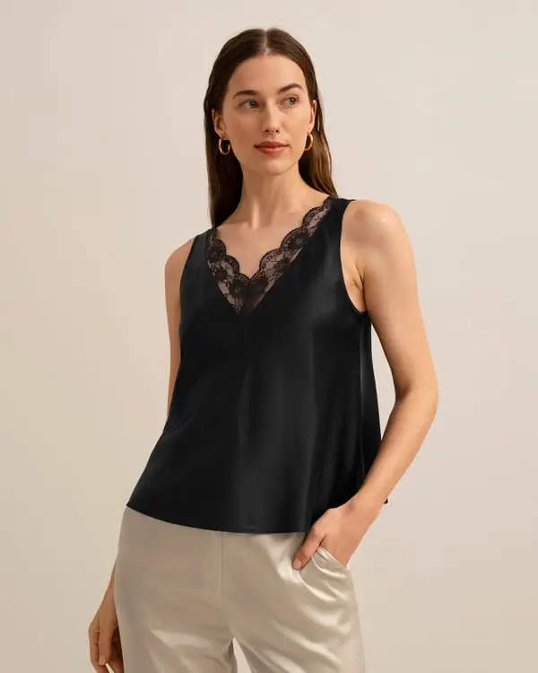 Top In Seta Nero V-Collo Con Pizzo, Vestibilità Regolare 100% Seta Naturale Confortevole E Amichevole Per Le Persone Allergiche