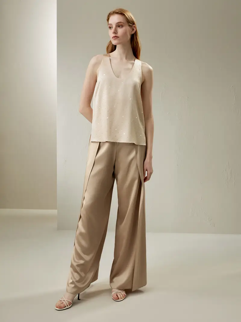 Top In Seta Oro Di Ghiaia Collo A U, 100% Seta Pura Un Tocco Di Eleganza Nella Vostra Vita