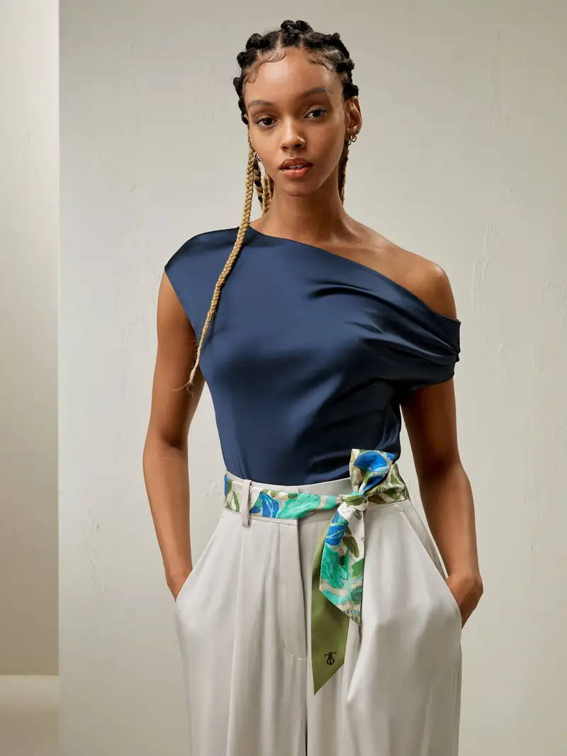 Top Seta Elegante Blu-Marino Collana Cowl Senza Maniche 100% Seta Naturale Eleganza Senza Tempo E Stile Sofisticato