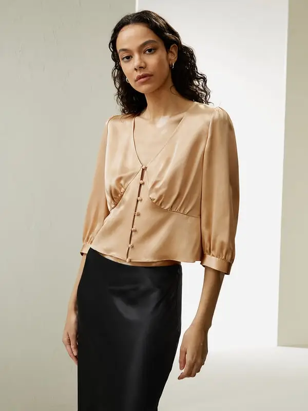 Top Seta Elegante Corsetto Vintage Maniche 3/4 Cammello Chiaro