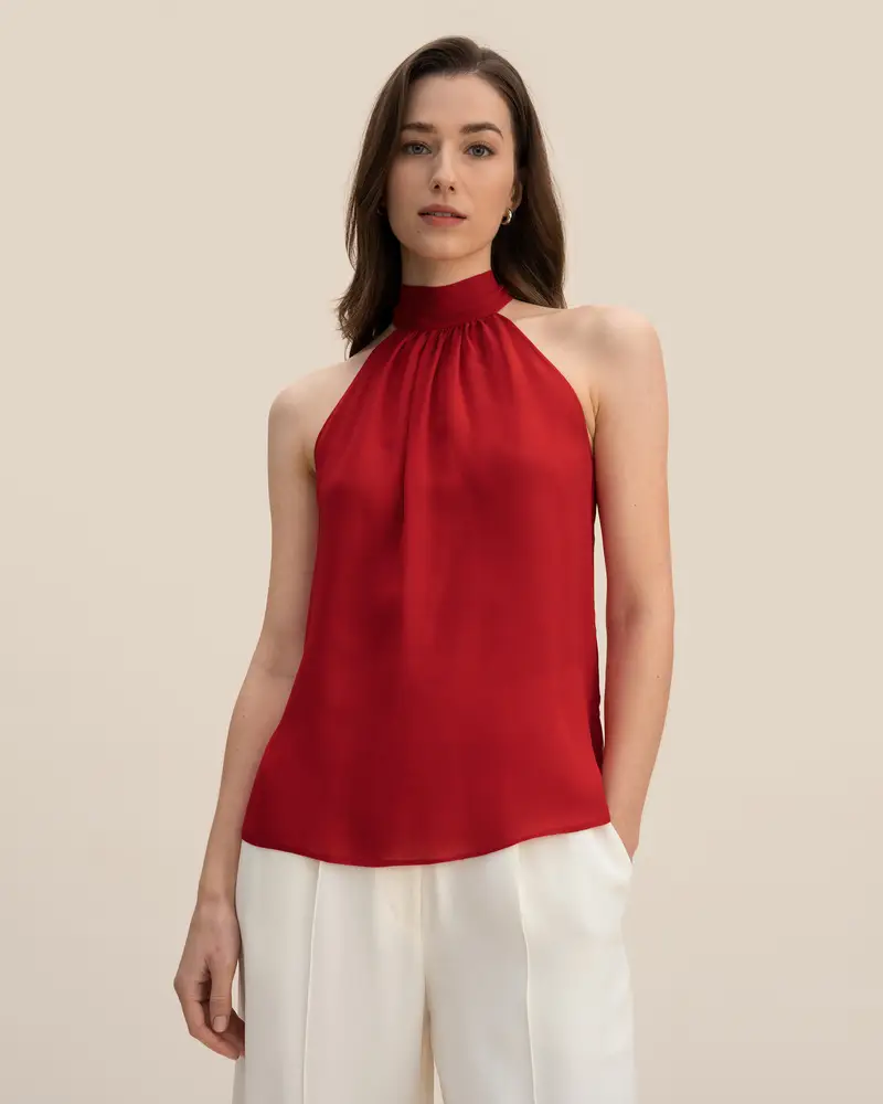 Top Seta Elegante Rosso Melograno Collo All'Americana, Vestibilità Morbida 100% Pura Seta Si Adatta Meglio Alla Forma Del Corpo