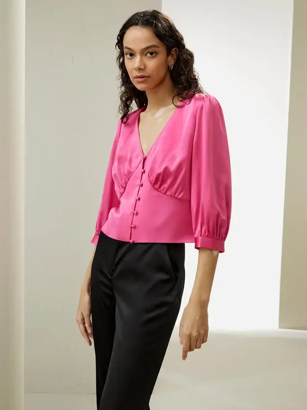 Top Seta Magenta Elegante Romantico Maniche 3/4 Slim Fit