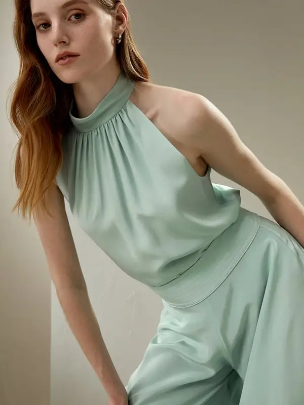 Top Seta Menta Verde Pieghe Alla Scollatura 100% Pura Seta Eleganza Senza Tempo E Stile Sofisticato