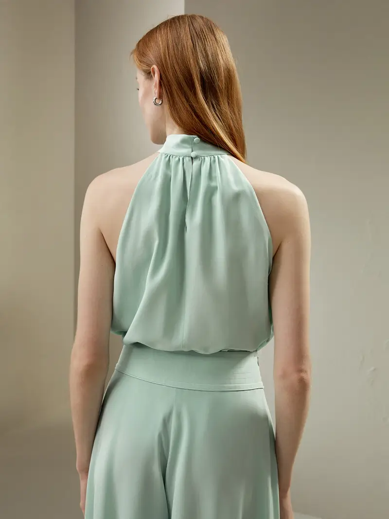 Top Seta Menta Verde Pieghe Sulla Scollatura 100% Seta Pura Buon Valore, Rispettoso Della Pelle