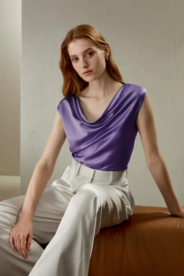 Top Seta Viola Profondo Elegante Senza Maniche Charmeuse