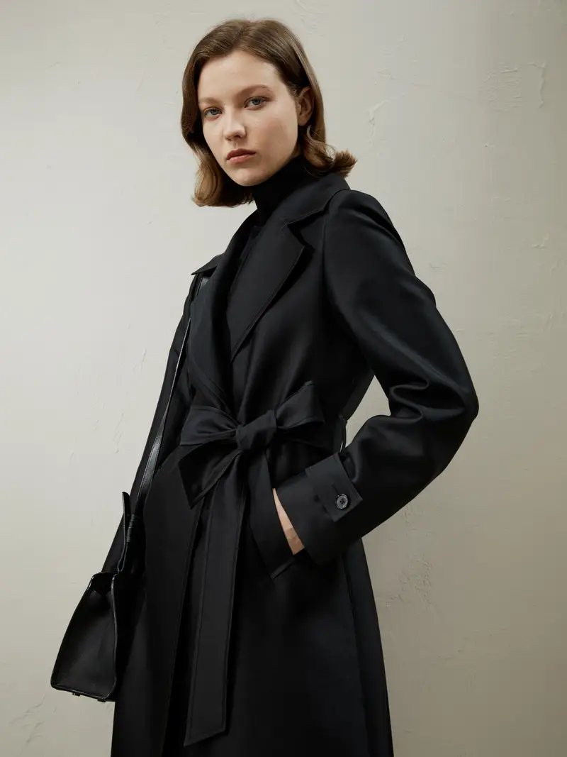 Trench Donne Nero Cravatta Avvolgente Senza Bottoni Seta Calda Completato Da Rari Risvolti Oversize