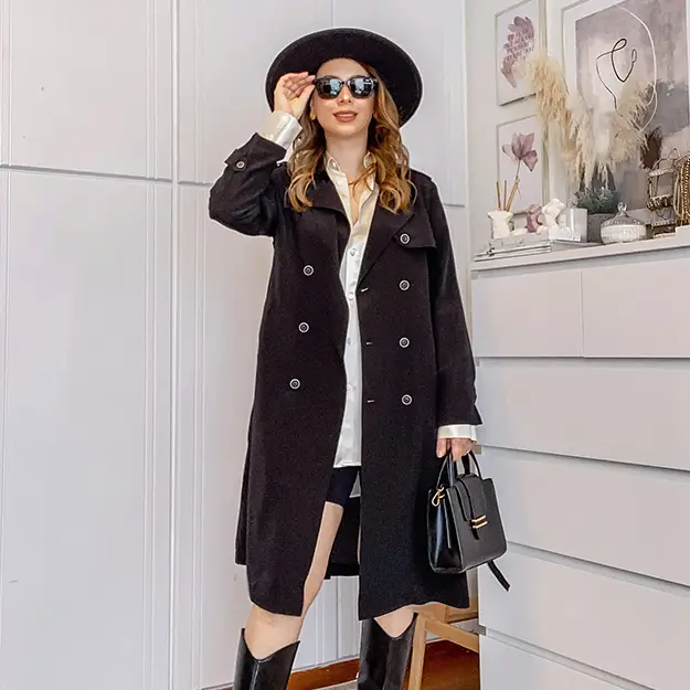 Trench In Seta Nero Colletto Con Revers 18 Momme Seta Delicato Sulla Pelle E Traspirante