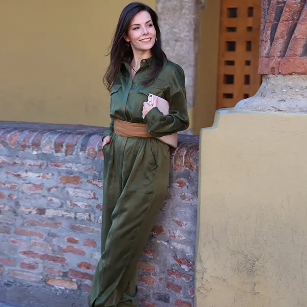 Tuta Seta Donna Verde Banda Elastica, Stile Inconfondibile Seta Delicato Sulla Pelle E Traspirante