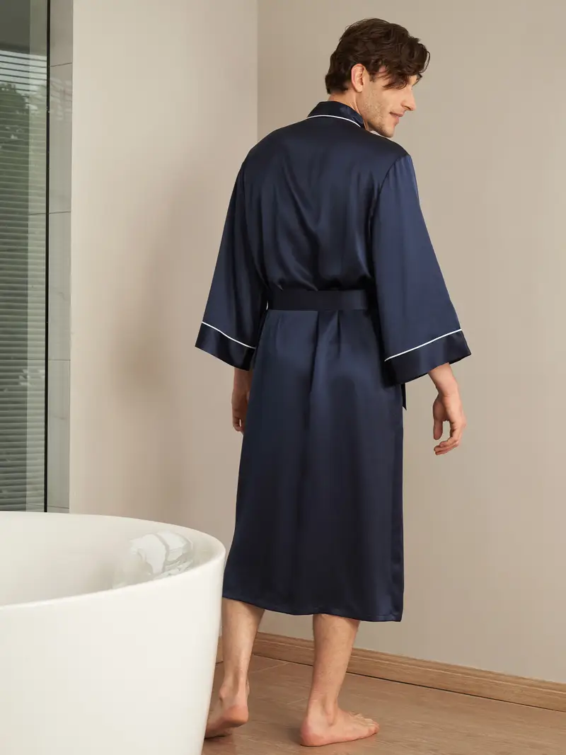 Uomini Kimono Donna Seta Blu Scuro 100% Seta Naturale Grande Qualità Trattiene L'Umidità Manica Centrale Conciso Kimono Di Seta Da Uomo